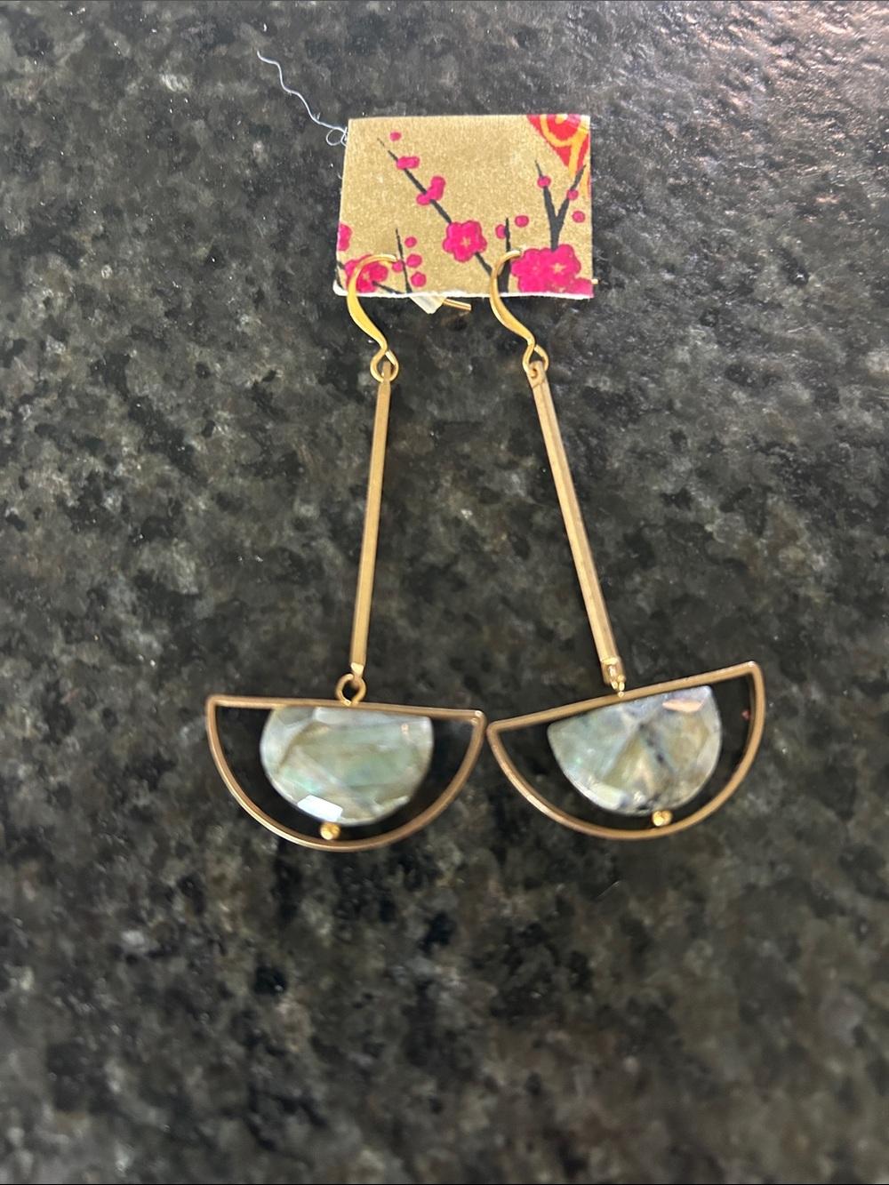 NWT Brass Drop Earrings with Labradorite Stone Abalone Half-Moon Inlay
